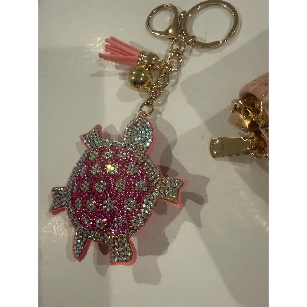 2 pc Pink zip Wallet sparkly bling Turtle Keychain purse Charm Set  cute gift